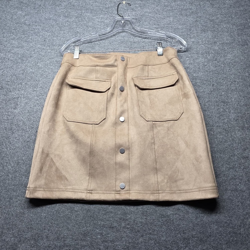 Andrew Marc New York Faux Suede A-Line Mini Skirt Tan Beige Button Front Pockets